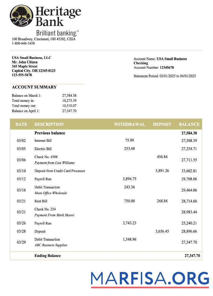 Blank US Heritage business checking account statement Word and PDF template